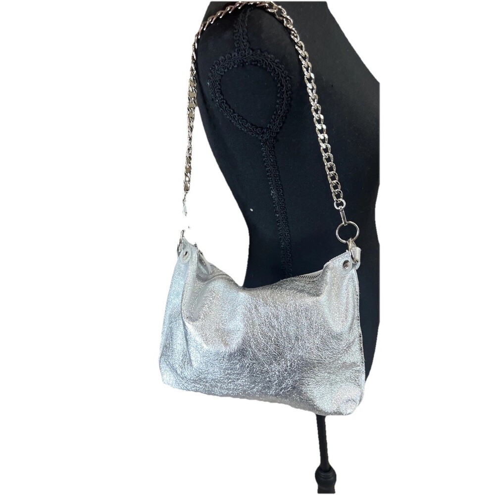 Laura Di Maggio Silver Metallic Leather Shoulder Bag Elegant Evening Purse